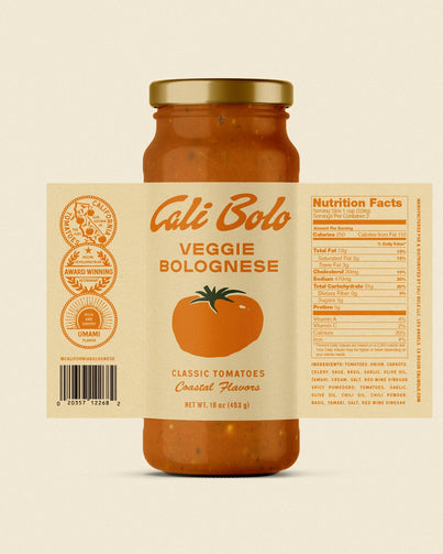 Jar of Cali Bob's Veggie Sauce on a beige background